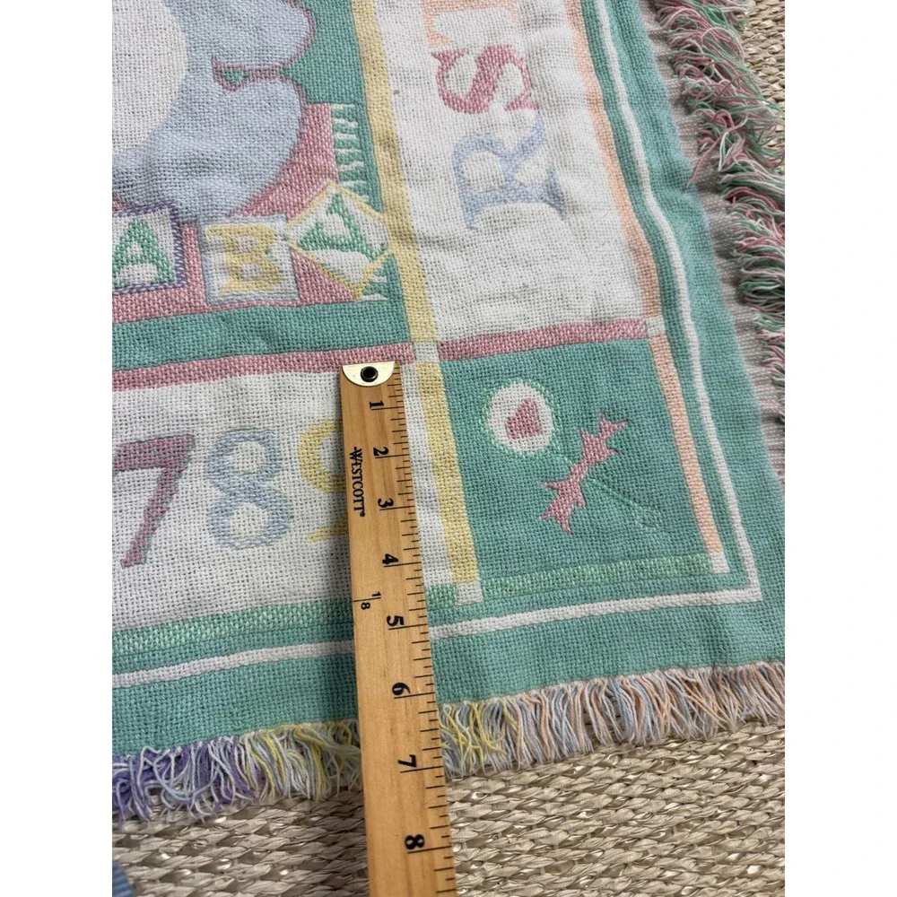 Vintage ABC Alphabet Numbers Teddy Bear Woven Tapestry Throw Blanket Pastel baby